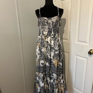 BILA Boho Black & White Paisley Smocked Tiered Maxi Dress - Size M